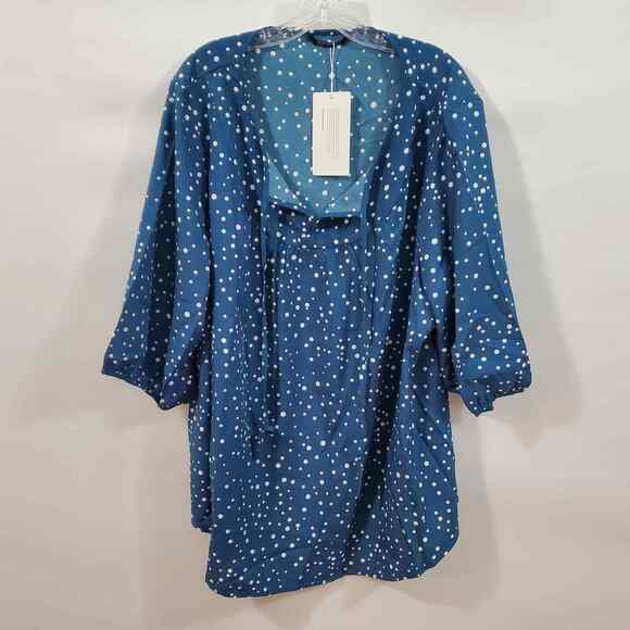 Bloomchic Blouse Women's 3X Blue 3/4 Sleeve White Polka Dot Tie Neck Plus NWT - Picture 1 of 8